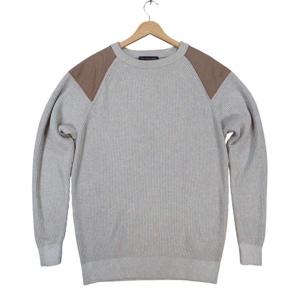 Roundtree & Yorke Sweater Mens M Beige Cotton Ribbed Shooting Hunting Patch
